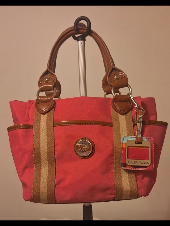 Tyler Rodan Handbags - Tyler Rodan Coral Canvas Tote with Tan Trim and Multicolor Tag (13.5 X 8.5 X 4.5